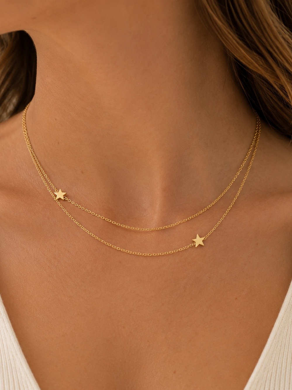 Jennifer Zeuner Gold Layered Star Necklace Delicate Double Chain Minimalist